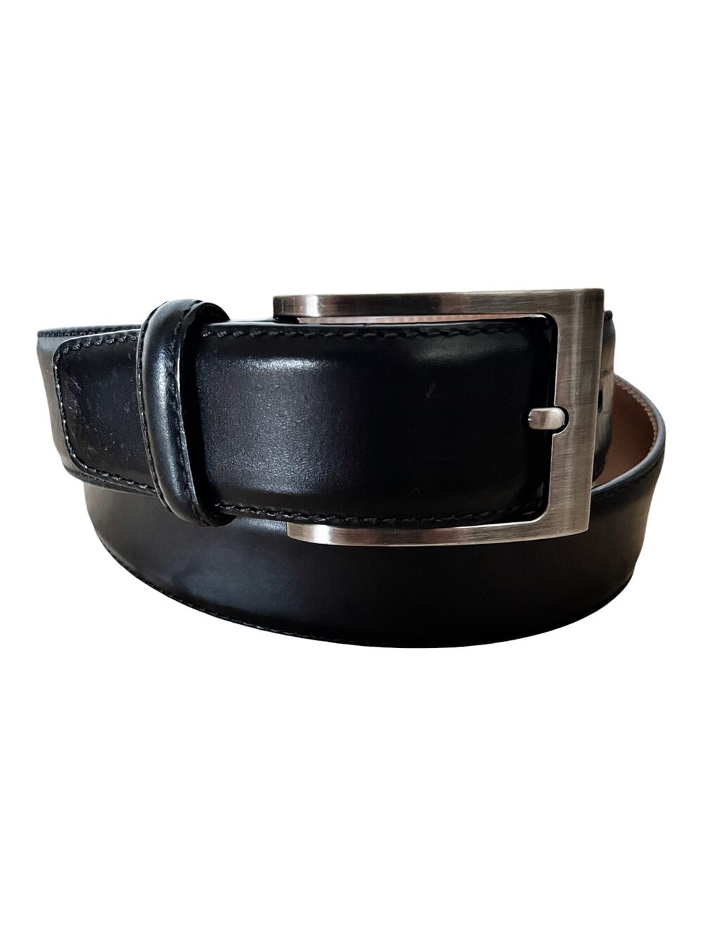 MAGNANNI Square Genuine Leather Belt Black Spain Silver Buckle Style 1278 Sz 32